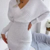 vigocasey 2025 white cross v neck short knit dress spring autumn women casual long sleeve dress sexy lady solid knitted dresses