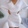 vigocasey 2025 white cross v neck short knit dress spring autumn women casual long sleeve dress sexy lady solid knitted dresses