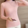 2025 autumn women mock neck ruffles sweater long sleeve knitted bottoming solid pullovers stripe women casual sweater winter