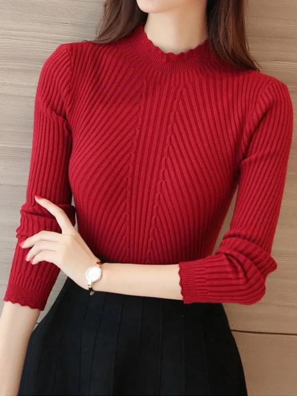 2025 autumn women mock neck ruffles sweater long sleeve knitted bottoming solid pullovers stripe women casual sweater winter