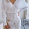vigocasey 2025 white cross v neck short knit dress spring autumn women casual long sleeve dress sexy lady solid knitted dresses