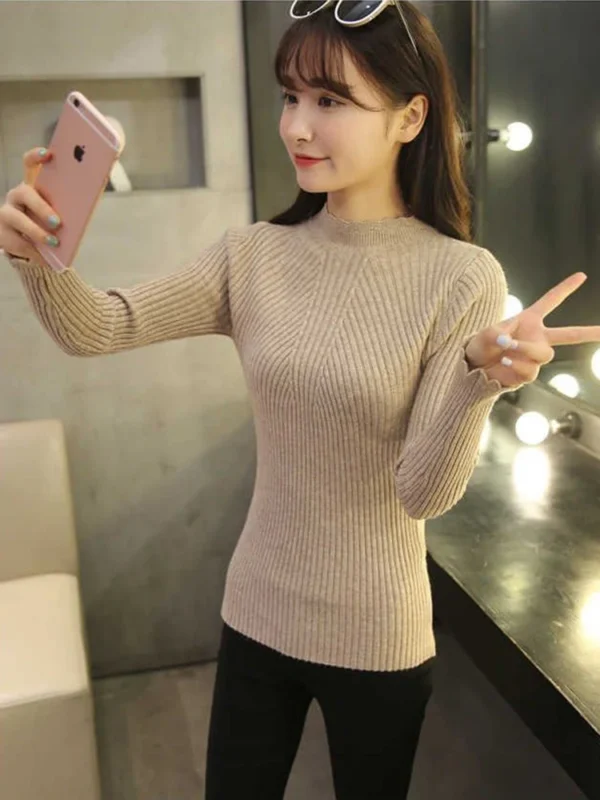 2025 autumn women mock neck ruffles sweater long sleeve knitted bottoming solid pullovers stripe women casual sweater winter