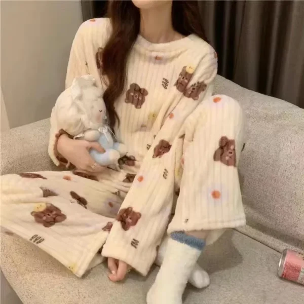 thiened long sve coral fce pajamas women's winter home clothes set cute cartoon print round ne spwear set for youth