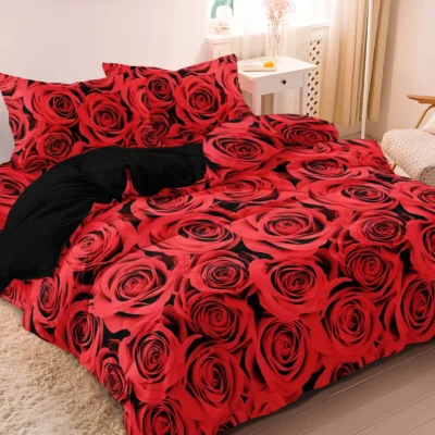 3pcs valentine's day rose sea comforter cover set vibrant red roses pattern bedding with zipper closure, valentine's day gift
