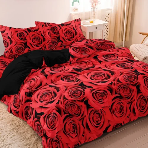 3pcs valentine's day rose sea comforter cover set vibrant red roses pattern bedding with zipper closure, valentine's day gift